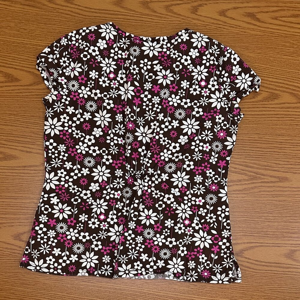 Floral V-Neck Scrub Top- Brown, Pink & White - Picture 3 of 3